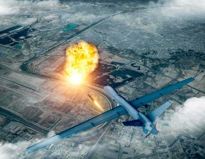 military drone launching missile over cityscape