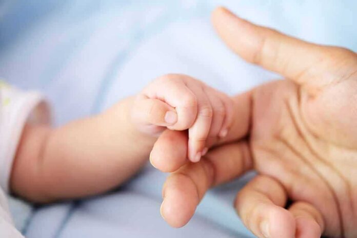 baby hand holding adult finger
