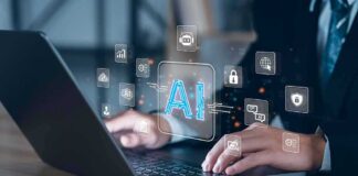 Hands typing on laptop with AI and tech icons overlay