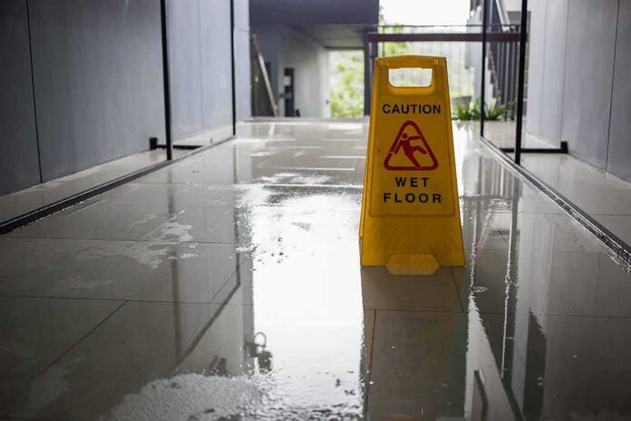 Yellow wet floor caution sign on a shiny wet hallway