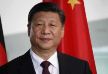 Xi Jinping portrait with flags in the background