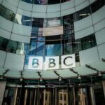 BBC headquarters entrance with curved glass facade