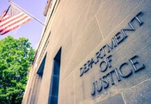 A Shared News Feed Becomes a Federal Question Department of Justice building facade with American flag