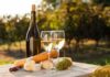 A bottle of white wine, two glasses, cheese, and grapes on a wooden table in a vineyard