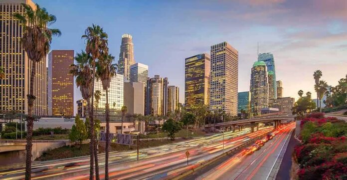 city skyline with palm trees and busy freeway at dusk