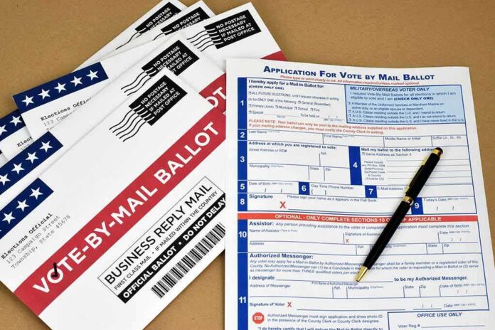 shutterstock_1770204818 Vote-by-mail ballot envelopes and application form with pen