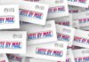 Envelopes with vote by mail windows stacked in a collage