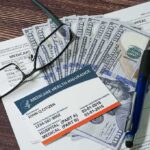 Medicare card on paperwork with cash, glasses, and a pen