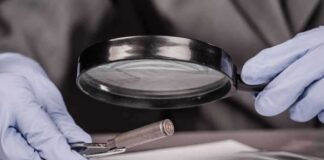 Gloved hands examine bullet casing with magnifying glass