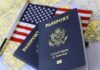 U.S. passports on a map with an American flag